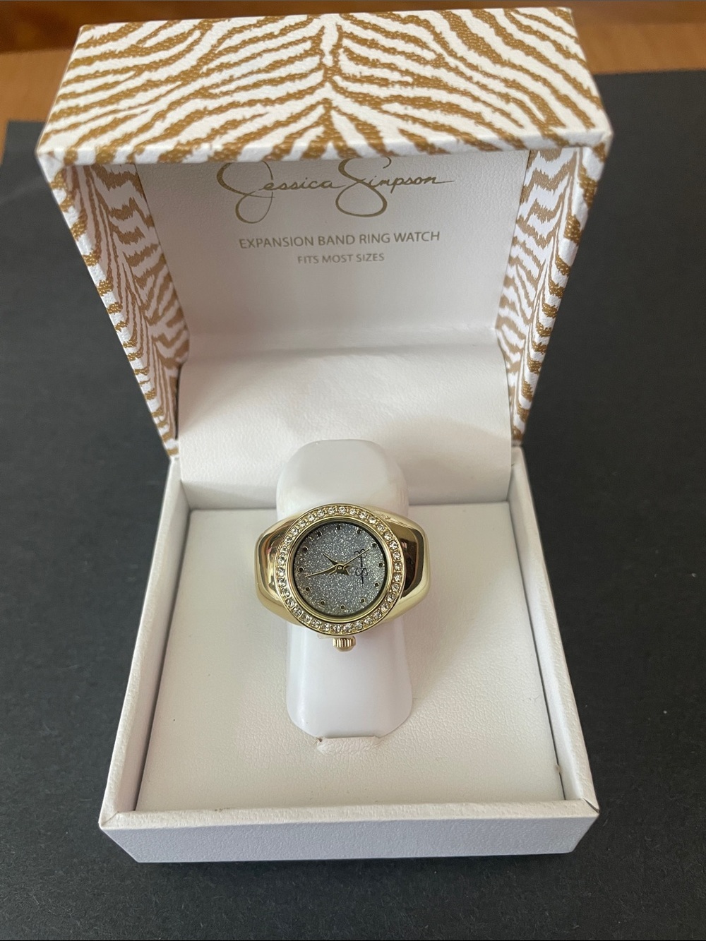 Jessica Simpson Gold-tone Ring Watch with Silver Glitter Dial